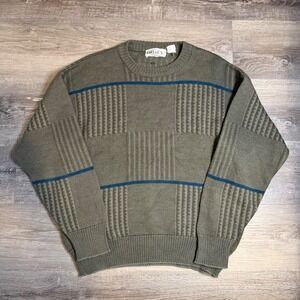 Vintage Filenes Mens Italy Textured Knit Geometric Crewneck‎ Sweater Green Large